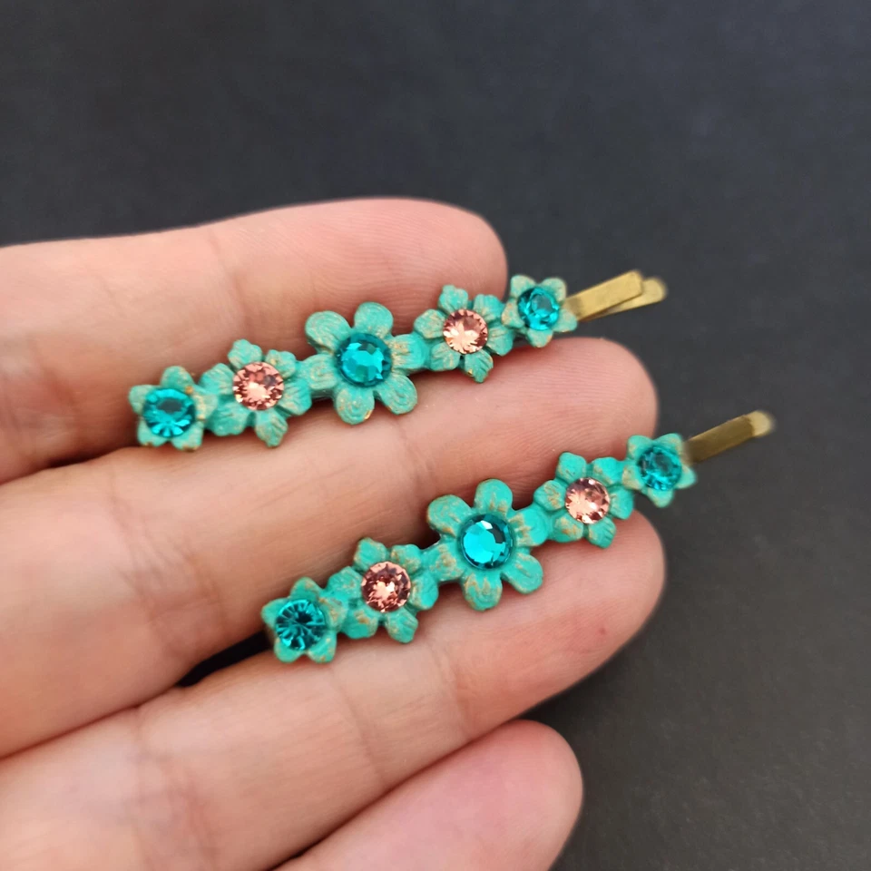 Horquilla Michal Negrin Flores Azul Turquesa Lote 2 Cordones Par Cristales Regalo Foto 2 de 4