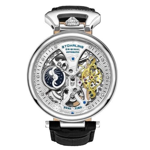 Stuhrling 3920 1 Legacy Automatic Skeleton Dual Time Black Leather Mens Watch - Picture 1 of 8