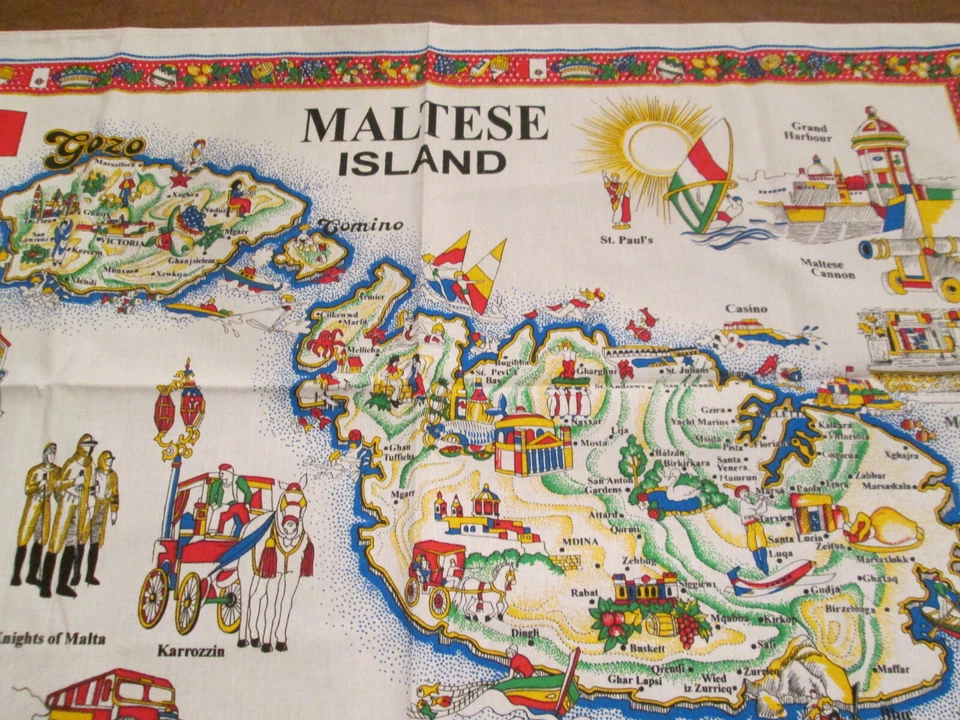 Maltese Island Tea Towel Cotton 22" x 34" Colorful Adjacent Towns Kitch Souvenir - Image 2 of 4