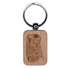 The Kiss Gustav Klimt Painting Engraved Wood Rectangle Keychain Tag Charm