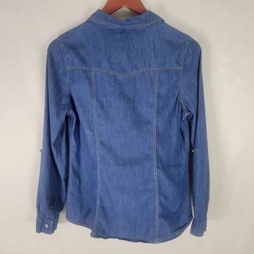 Cotton Express Shirt Womens Large Petite Blue Top Chambray Roll Tab Button Up - Picture 2 of 15