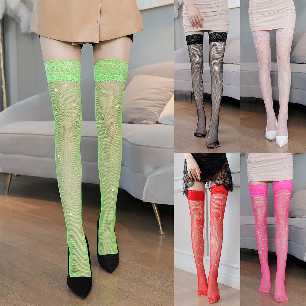 HOT Women Sexy Fishnet Hold Up Stockings Lace Top Rhinestone