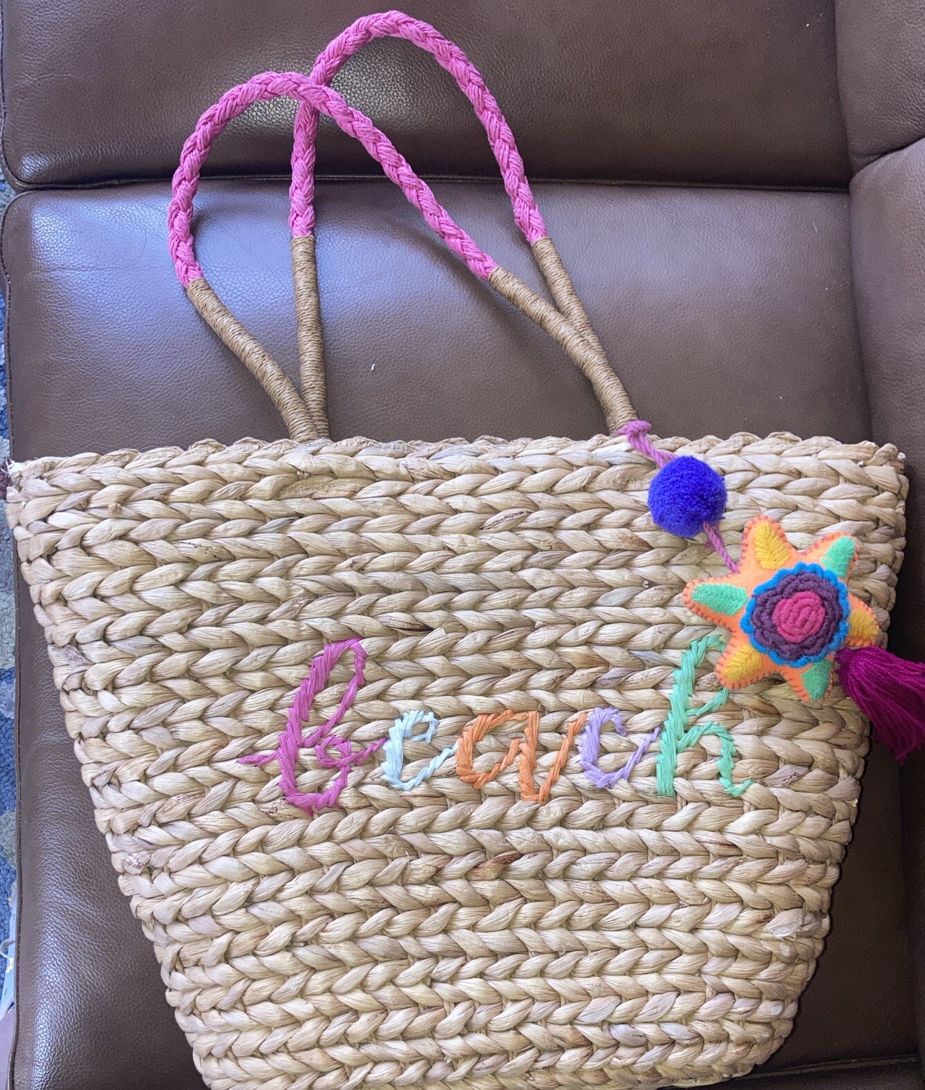 Time and Tru large jute straw tote beach vacation purse bag