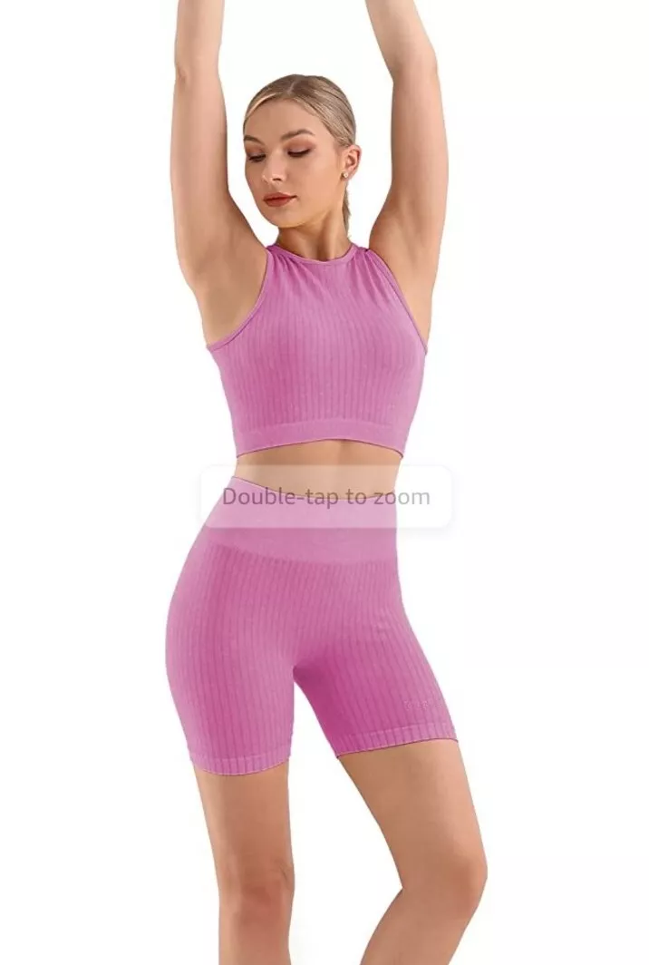 Workout Outfit 2 Piece Seamless Crop Top High Waist Shorts Yoga Sets. Pink  Med