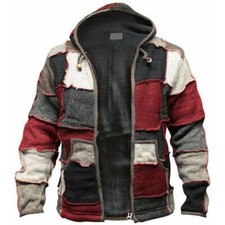 Mens Patchwork Pocket Hippy Winter WARM Zip Boho Knit Jacket Hooded Cardigan
