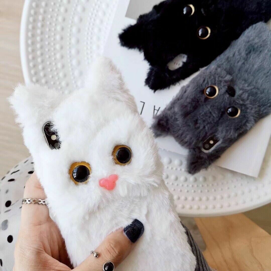Cute Girls Fluffy Plush Cat Phone Case Cover For iPhone 15 14 13 12 11  XS X