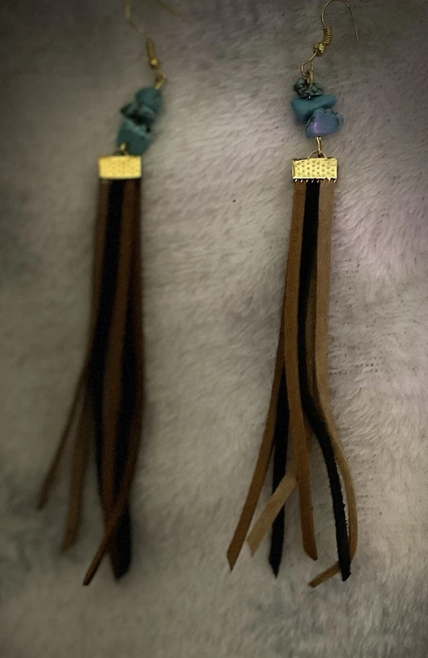 Genuine Turquoise And Suede Leather Tassel Earrings Foto 3 de 3