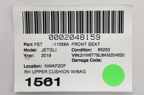 2019 - 2021 VOLKSWAGEN JETTA FRONT RIGHT SEAT UPPER CUSHION COVER OEM BLACK_TZ - Picture 12 of 12