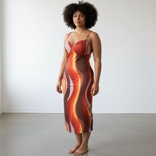 Pretty Little Thing Brown Print Maxi Slip Dress Sz 16 Boho Stripe Stretch Retro