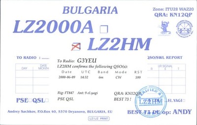 Amateurfunk QSL/QSO LZ2HM G3YEU Bulgarien 2000 6m CW FT847 DX Foundation
