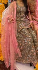 gray/pink net sharara with lining, pink net dupatta, floral embroidery, pearls