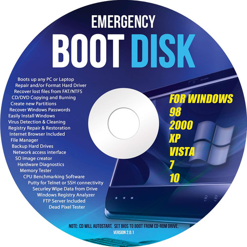 Emergency Boot Disk for Windows 98 2000 XP Vista 7 10 PC Repair and Recovery ... - Picture 1 of 1