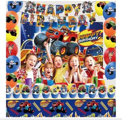Monster Truck Birthday Party Supplies, Included Banner, Backdrop, Tablecloth