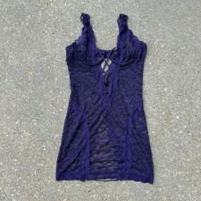 Fredericks of Hollywood Blue Purple Criss Cross Peekaboo Lace Lingerie Nightie M