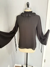 Sheer Chiffon Gothic Top Ribbon Bell Sleeves High Ruffled Collar Victorian Boho
