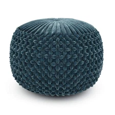 Renee Boho Round Pouf in Teal Velvet Fabric for the Living Room, Bedroom and ...
