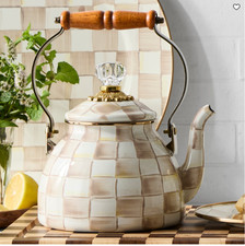 MacKenzie-Childs Mocha Check Tea Kettle Enamel Steel
