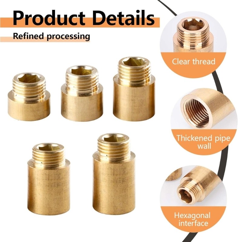 5Pcs Brass Tap Extension Connector 1/2inch Thread Brass Pipe Fittings ...