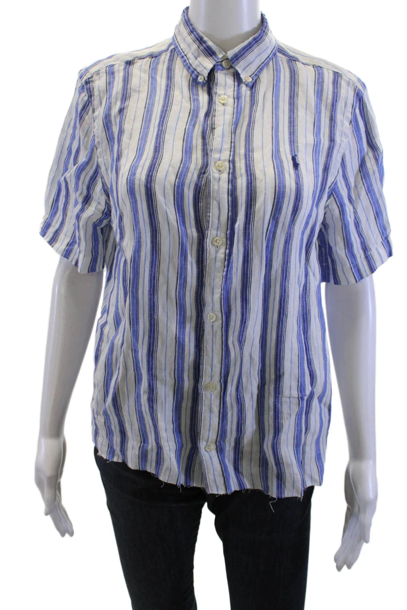 Polo Ralph Lauren Men Button-Down Linen Striped Blue Short Sleeve Size XL