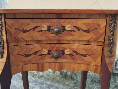 FAGIOLO FAGIOLINO COMODINO VINTAGE IN LEGNO E TRUCIOLATO FREGI METALLO PERFETTO - Foto 6 di 22