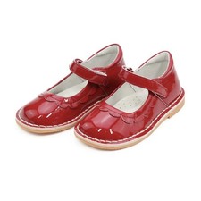 Red Scalloped Mary Jane Girls Flat Shoes Hook  Loop Adjustable Strap