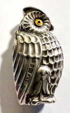 David A Bowles Sterling Silver Owl Vesta Case England Glass Eyes Match Box 1987