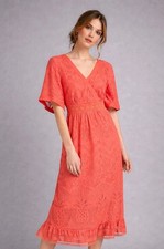 Farm Rio Dress Womens Size Small Coral Lace Ruffle Tropical Pineapple Devore NEW