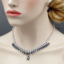 White Gold Plated Blue Cubic Zirconia Necklace Earrings Wedding Jewelry Set 2440