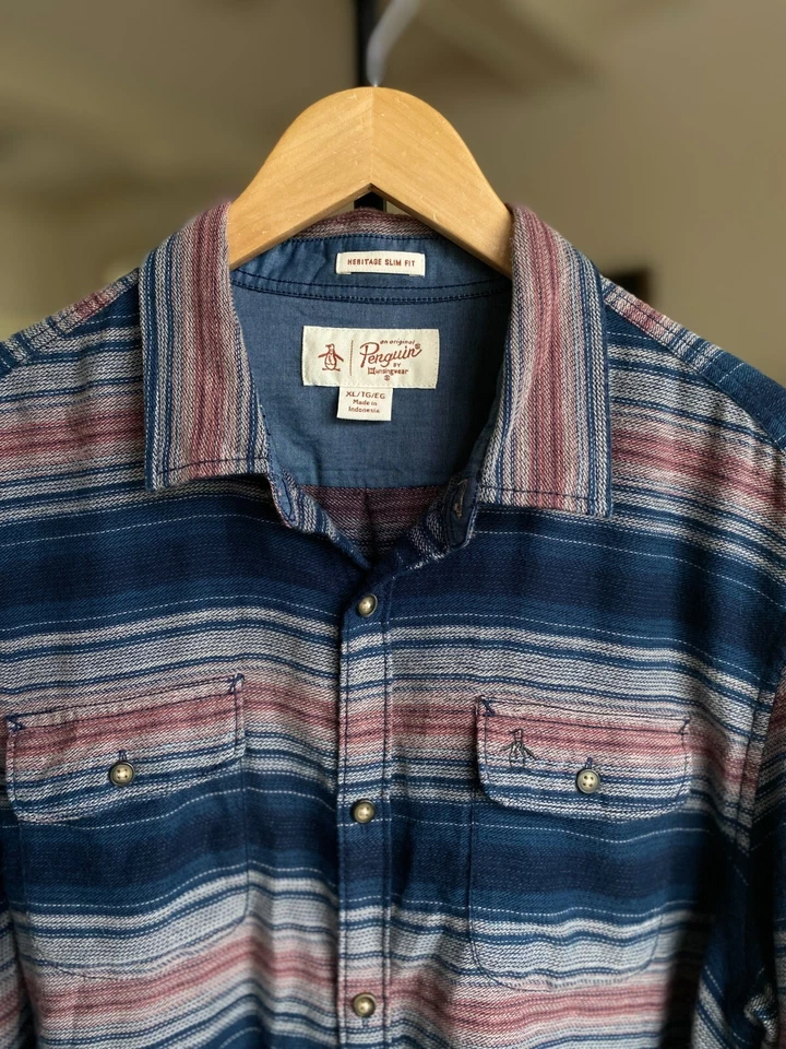 Camisa masculina Penguin Munsingwear Heritage slim fit botão XL listra azul marinho G/S - Imagem 2 de 4