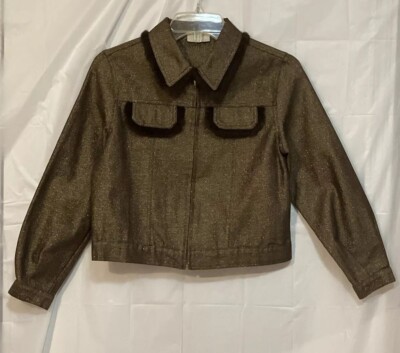 Isap Girls Crop Jean Jacket Gold Metallic Faux Fur Trim Glam Rocker Punk Italy
