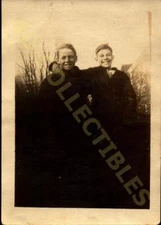 Vintage Found Snapshot Photo  Two Smiling Friends in a Classic Pose