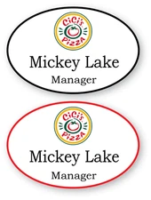 2 WHITE OVAL CICIS PIZZA KITCHEN PERSONALIZED NAME BADGES SAFETY PIN BACK