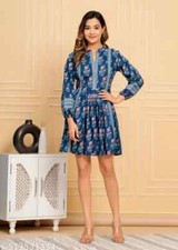 Indian Women knee blue Cotton Floral Printed Anarkali Kurta Kurti Dress