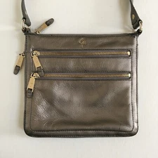 Cole Haan Crossbody Bag Village Sheila Metallic Leather Zip Gunmetal Silver