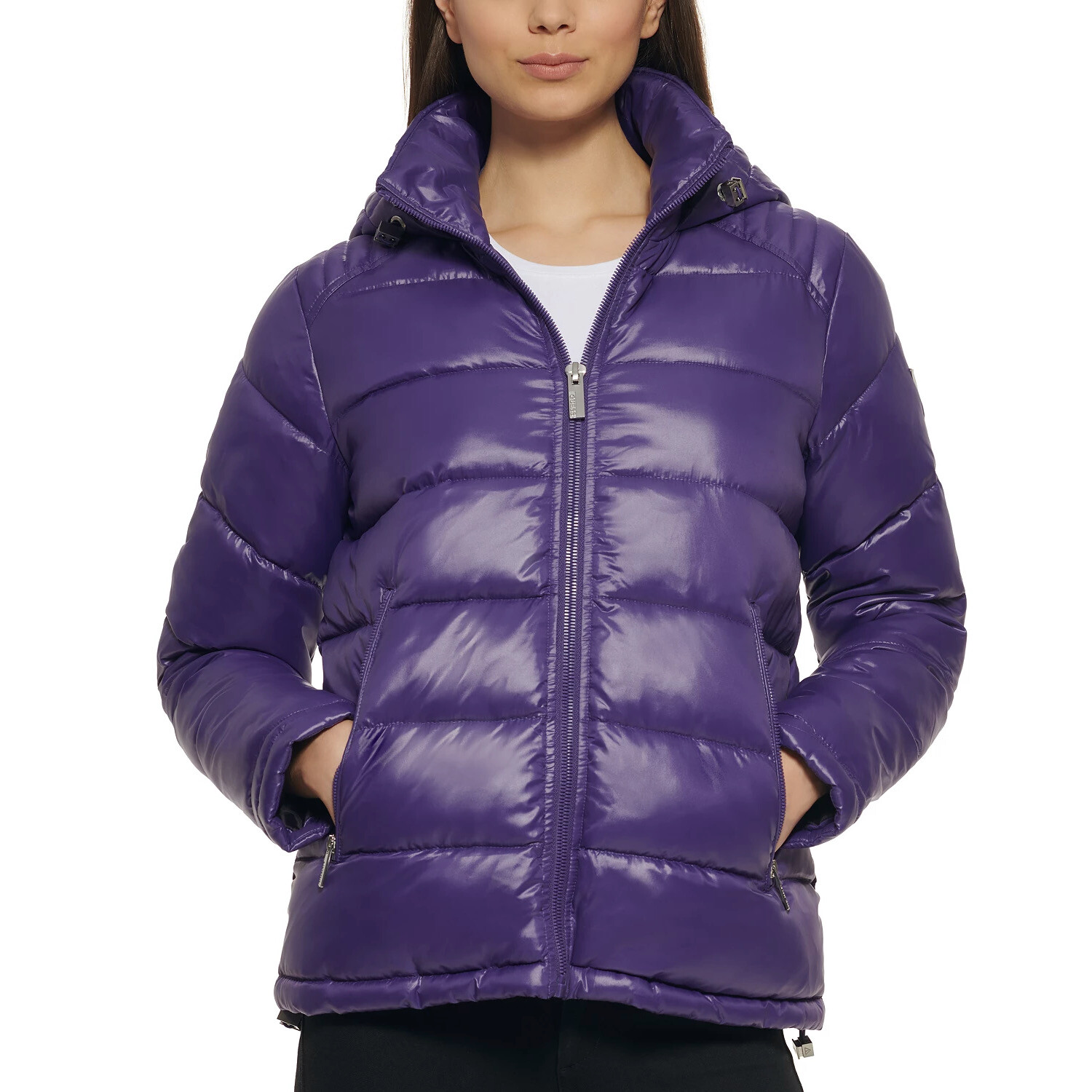Guess Women's High-Shine Hooded Puffer Coat - Purple - Size L