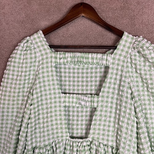 Asos Design Mini Dress Womens 6 Green/White Gingham Smock Puff Sleeve Textured - Picture 9 of 10