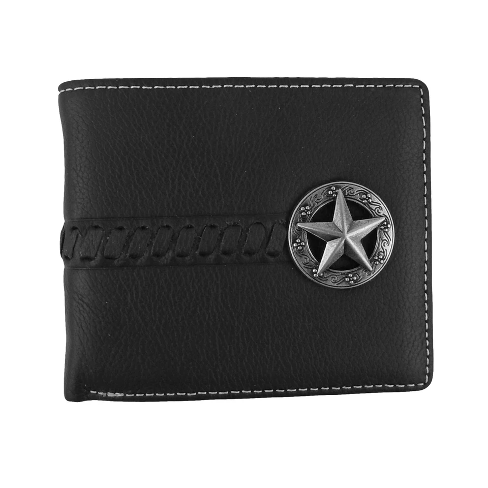 Cartera para hombre Star Concho doble pliegue cuero genuino puntada detalles negro marrón Foto 2 de 4