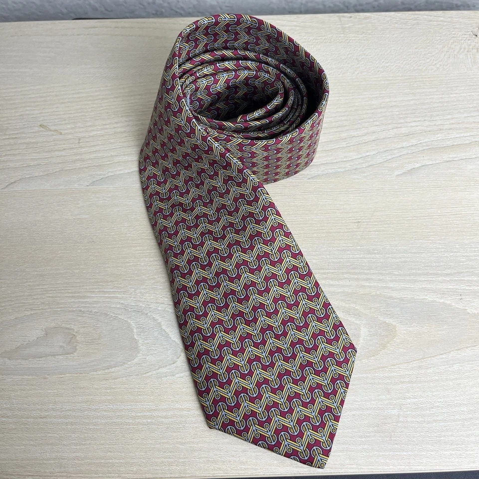 Corbata de Seda Hermes Geométrica Atómica MCM Estampado Patrón Rojo Amarillo 7356 Foto 3 de 4