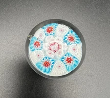 Murano Style Millefiori Art Glass Paperweight Small 1.5” Red White & Blue