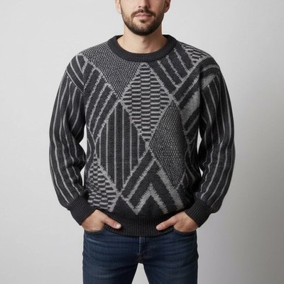 Vtg Expressions Ltd Editions Geometric Sweater M 80s 90s Acrylic Gray Black Ski