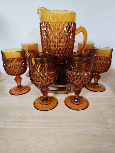 Amber Indiana Glass Diamond Point Pitcher/6 Footed Goblets ☆NICE!☆