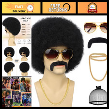 70s Afro Wig Set for Disco Party - Curly Wig, Glasses, Necklace, Mustache, Cap