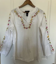 Denim & Co Shirt Extra Large 100% Cotton Floral Embroidered Peasant FLAW