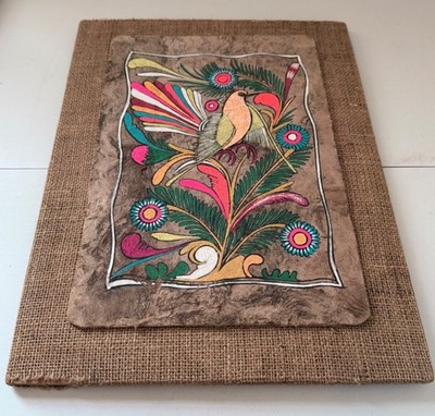 Vintage Mexican Amate Bark Paper Bird Folk Art Burlap Wall Hanging 16x12