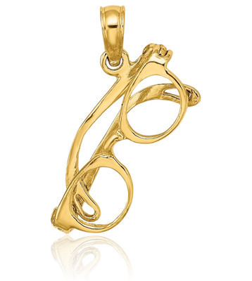 14K Solid Yellow Gold Petite Glasses Pendant Necklace 5.5mm 1/4 inch 3d