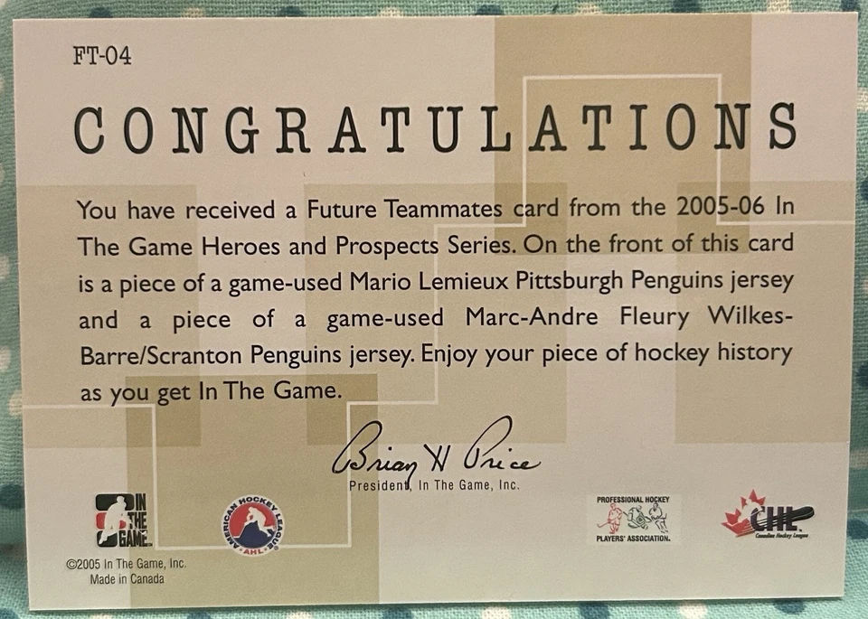 Reliquias de Lemieux Fleury 2005-06 In The Game Heroes & Prospects Future Teammates Foto 2 de 2