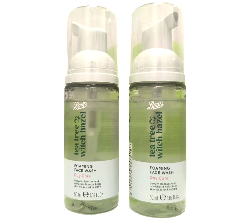x2 Boots Tea Tree & Witch Hazel - Deep Cleansing Foaming Face Wash 50ml, Travel