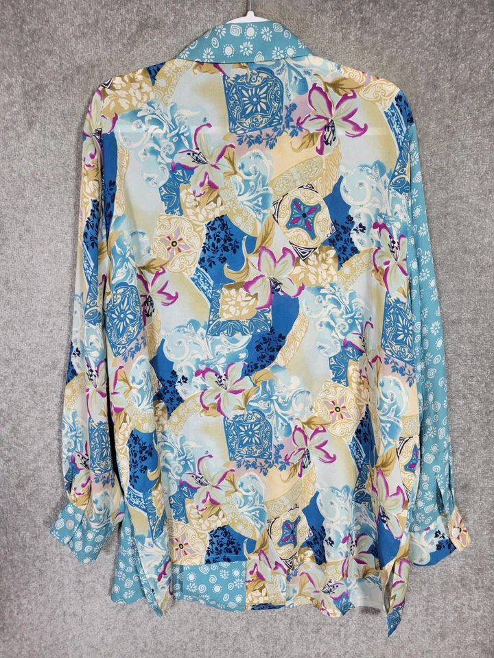 Blusa floral vintage Koos Of Course de seda manga larga con botones para mujer talla 2X Foto 2 de 4