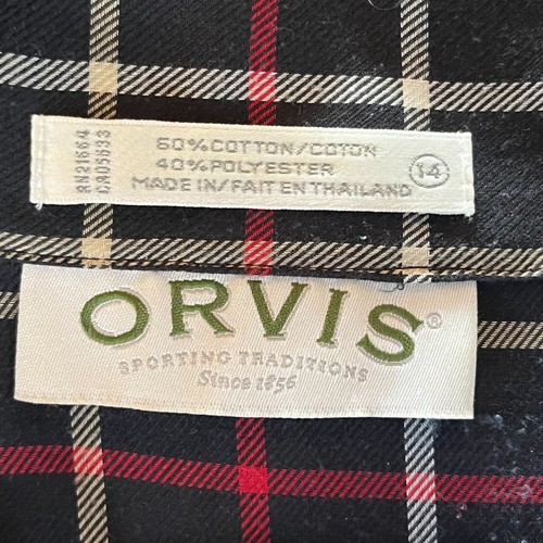 Orvis Womens Plaid Button Up Shirt Blouse Tie Neck Size 14 Cotton/Poly Black/Red - Picture 3 of 7