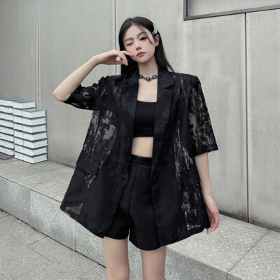 Lady Hollow Out Short Sleeve Blazer Suit Jacket Thin Loose Coat
